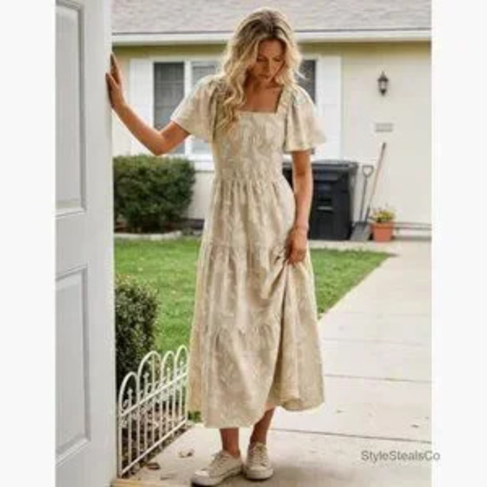 Summer Floral Midi Dress Short Sleeve Square Neck Boho Beach Vacation - Picture 2 of 5
